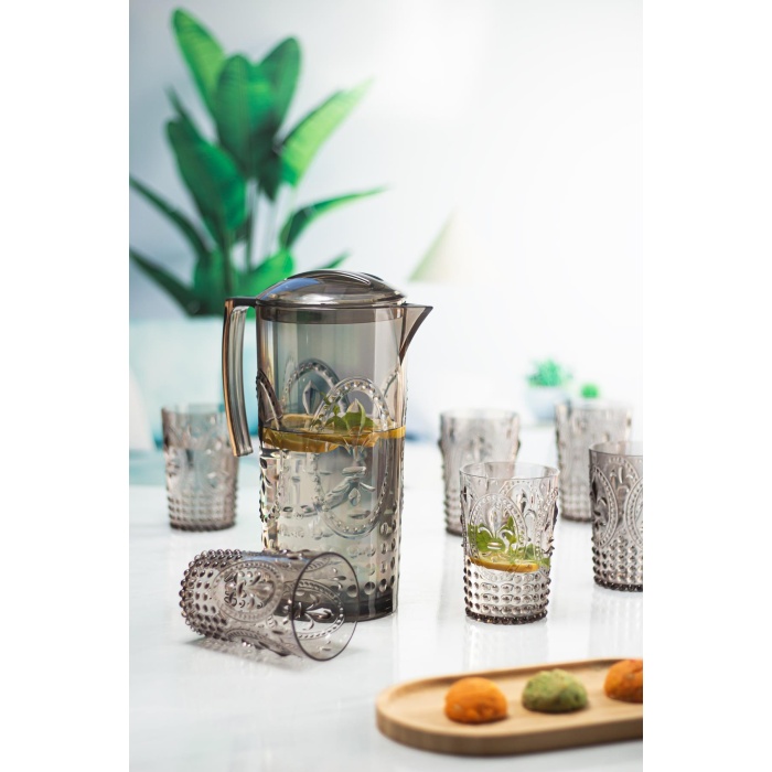 Akrilik Füme Sürahi 2,3 lt Ve 6lı & Su Meşrubat Kahve Yanı Bardağı 400 ml Seti ( Cam Değildir )