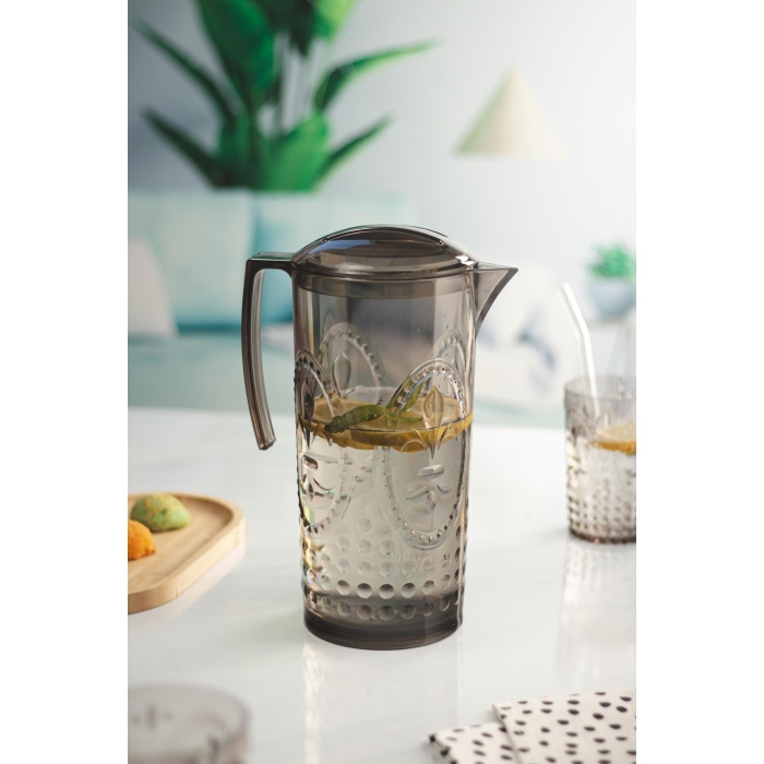 Akrilik Füme Sürahi 2,3 lt Ve 6lı & Su Meşrubat Kahve Yanı Bardağı 400 ml Seti ( Cam Değildir )