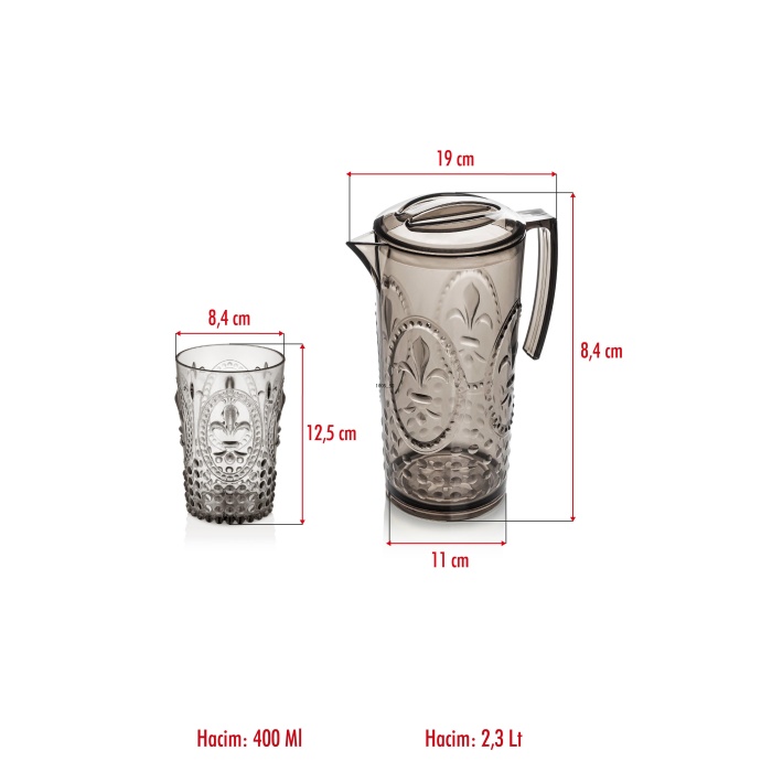 Akrilik Füme Sürahi 2,3 lt Ve 6lı & Su Meşrubat Kahve Yanı Bardağı 400 ml Seti ( Cam Değildir )