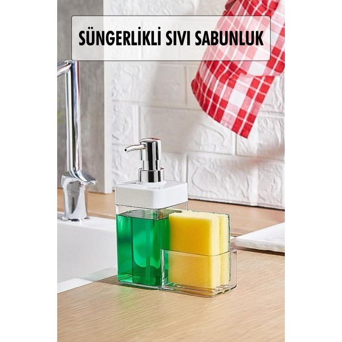 Beyaz Renkli Sıvı Sabunluk Süngerlik Hazneli 450 ml