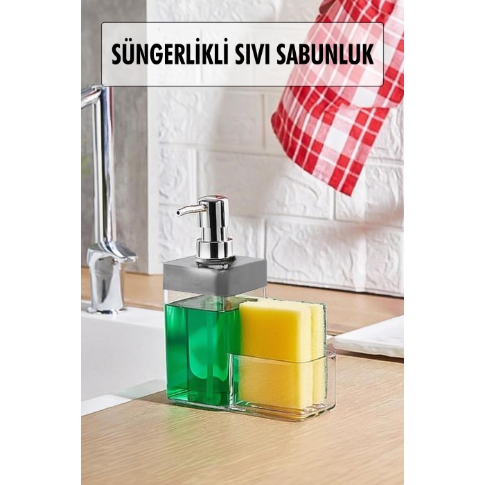 Gri Renkli Sıvı Sabunluk Süngerlik Hazneli 450 ml