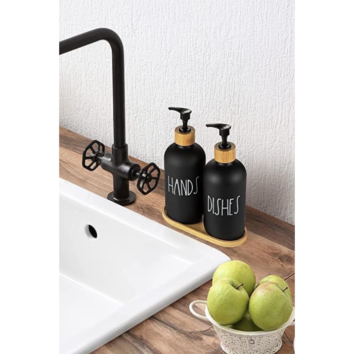 2 Li Bambu Altlıklı Sıvı Sabunluk Seti Siyah
