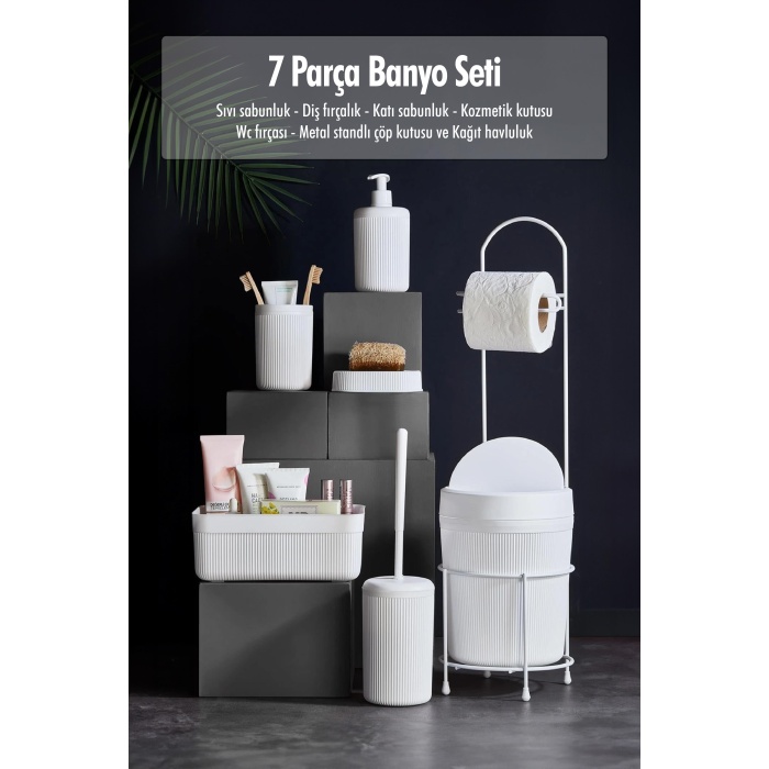 7 Parça Beyaz Banyo Seti Metal Stantlı Kovalı Wc Kağıtlık Kozmetik Kutusu Diş Fırçalık Ve Sabunlukla