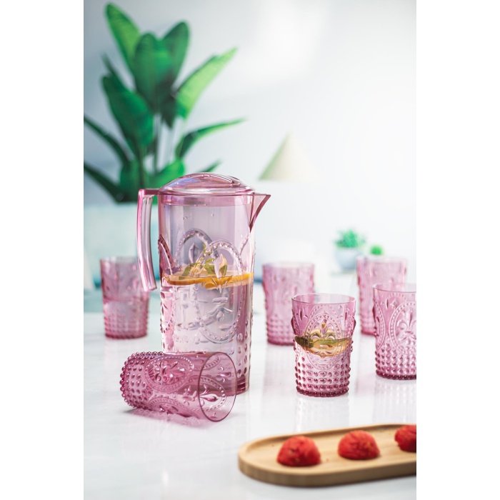 Akrilik Mürdüm Sürahi 2,3 lt Ve 6lı & Su Meşrubat Kahve Yanı Bardağı 400 ml Seti ( Cam Değildir )