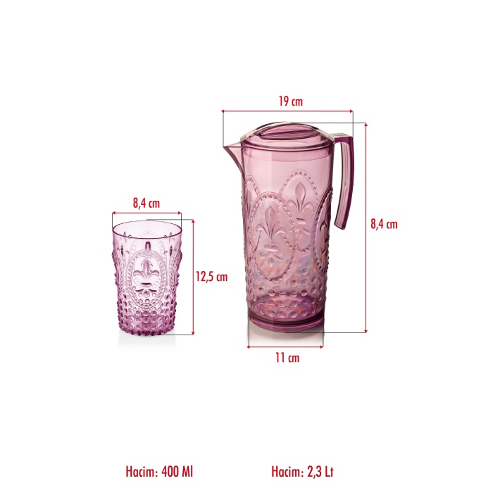 Akrilik Mürdüm Sürahi 2,3 lt Ve 6lı & Su Meşrubat Kahve Yanı Bardağı 400 ml Seti ( Cam Değildir )