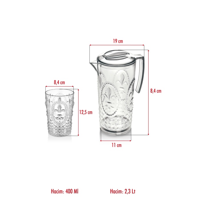 Akrilik Şeffaf Sürahi 2,3 lt Ve 6lı & Su Meşrubat Kahve Yanı Bardağı 400 ml Seti ( Cam Değildir )