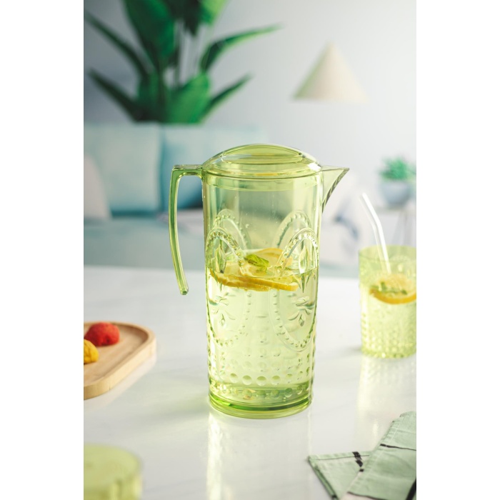Akrilik Yeşil Sürahi 2,3 lt Ve 6lı & Su Meşrubat Kahve Yanı Bardağı 400 ml Seti ( Cam Değildir )