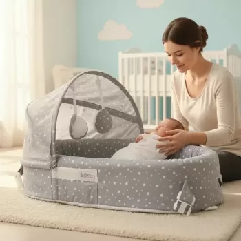 Taşınabilir Portatif Bebek Yatağı,Sırt Çantasına Dönüşebilen Portatif Bebek Beşiği (Gri) ( )