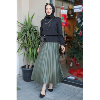 Zarif ve Modern Pileli Parlak Krep Gizli Lastikli Haki Etek