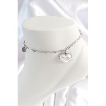 316L Çelik Gümüş Renk Zincir Model 3D Kalp Beyaz Kalp Figür Kadın HalHal - Lisinya