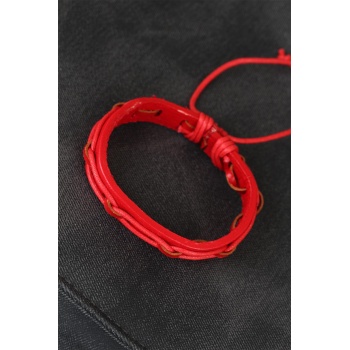 Kırmızı Renk Ayarlamalı İpli Deri Erkek Bileklik -