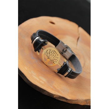 Gold Renk Metal Ağaçlı Tasarım Siyah Renk Deri Erkek Bileklik -