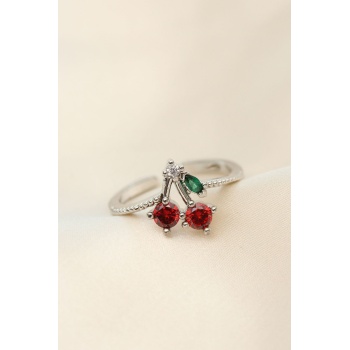 Ayarlamalı Gümüş Renk Kristal Taşlı Kiraz Yüzük -