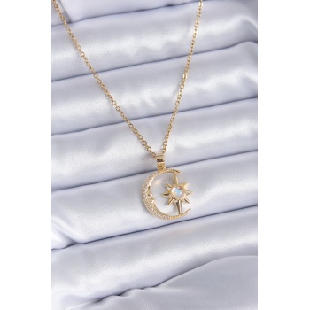 316L Çelik Gold Renk Zirkon Taşlı Ay Yıldız Model Kadın Kolye -