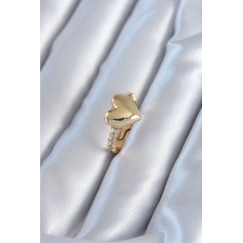 Gold Renk Pirinç Zirkon Taşlı Kalp Model Kadın Yüzük -