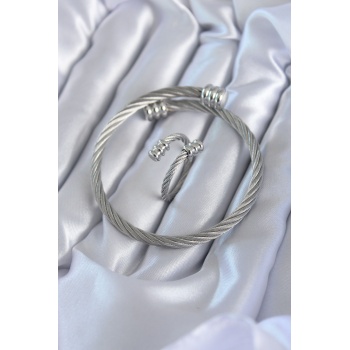 316L Çelik Gümüş Renk Sarmal Model Erkek Bileklik Yüzük Kombini -