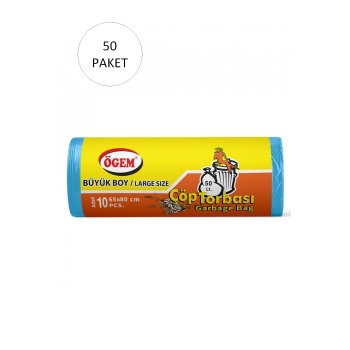 Büyük Boy Çöp Torbası 65 x 80 cm 10 Lu Rulo x 50 Paket = 500 Adet (Mavi)