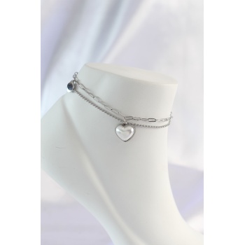 316L Çelik Gümüş Renk Beyaz Kalpli 2li Halhal -