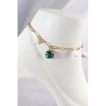 316L Çelik Gold Renk Zümrüt Taş Tasarımlı Halhal -