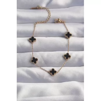 316L Çelik Baby Boy Gold Renk Siyah Mineli Yonca Bileklik