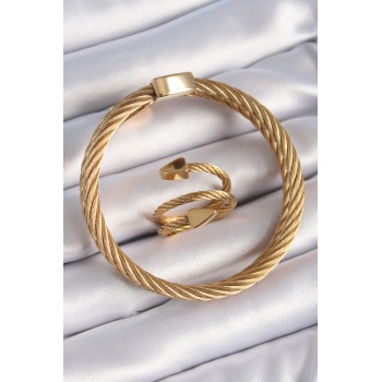 316L Çelik Gold Renk Sarmal Model Erkek Bileklik Yüzük Kombini -