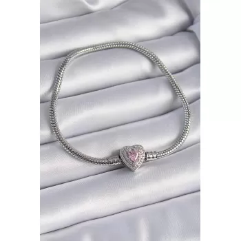 Pirinç Zirkon Taşlı Kalp Figür Charm Model Kadın Bileklik