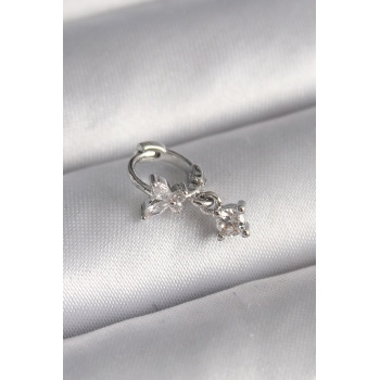 316L Çelik Gümüş Renk Zirkon Taşlı Kelebek Model Sallantı Detay Tragus Piercing -