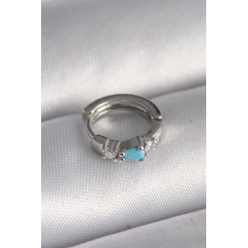 316L Çelik Gümüş Renk Zirkon Taşlı Mavi Boncuk Detay Tragus Piercing -