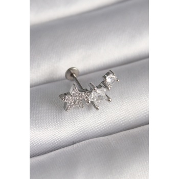 316L Çelik Gümüş Renk Zirkon Taşlı Yıldız Model Tragus Piercing -