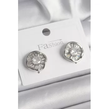 Pirinç Gümüş Renk Zirkon Taşlı Yonca Model Kadın Küpe