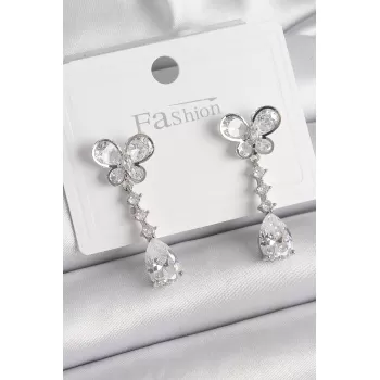 Pirinç Gümüş Renk Kelebek Model Sallantı Damla Zirkon Taşlı Kadın Küpe