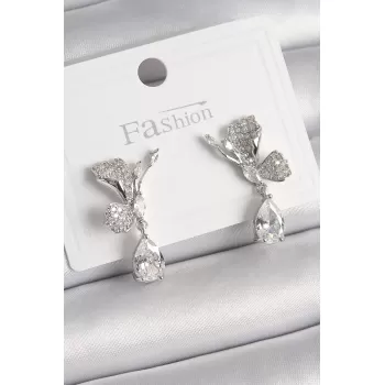 Pirinç Gümüş Renk Zirkon Taşlı Turna Kuşu Model Sallantı Detay Kadın Küpe