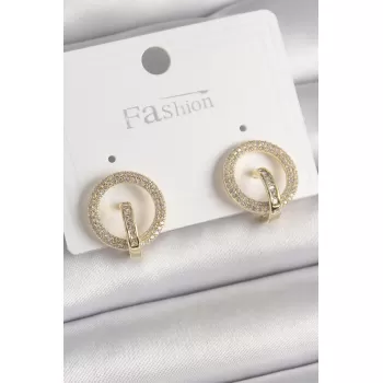 Pirinç Gold Renk Zirkon Taşlı Halka Model Kadın Küpe