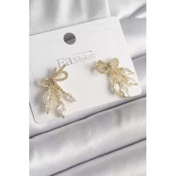 Pirinç Gold Renk Zirkon Taşlı Düğüm Model Damla Zirkon Taşlı Kadın Küpe