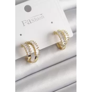 Pirinç Gold Renk 2Li Zirkon Taşlı Halka Model Kadın Küpe