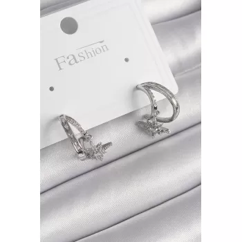 Pirinç Gümüş Renk Zirkon Taşlı Halka Model Sallantı Yıldız Detay Kadın Küpe