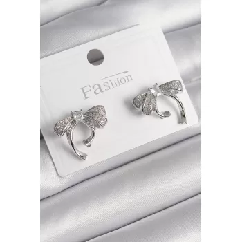 Pirinç Gümüş Renk Zirkon Taşlı Fiyonk Model Kadın Küpe