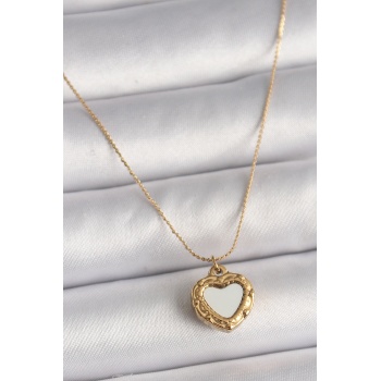 316L Çelik Gold Renk Zincir Sedefli Kalp Model Kadın Kolye -