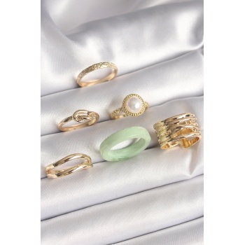 Pirinç Gold Renk Düğüm Model İncili İşlemeli Plaka Model 6Lı Kadın Yüzük Seti -