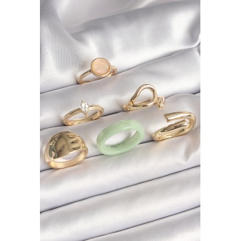 Pirinç Gold Renk Zirkon Taşlı Daire Pembe Mineli Detay 6Lı Kadın Yüzük Seti -