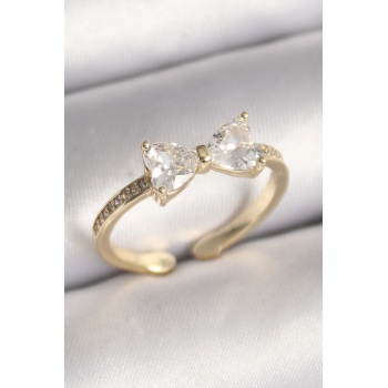 Pirinç Gold Renk Zirkon Taşlı Kalp Fiyonk Model Kadın Yüzük -