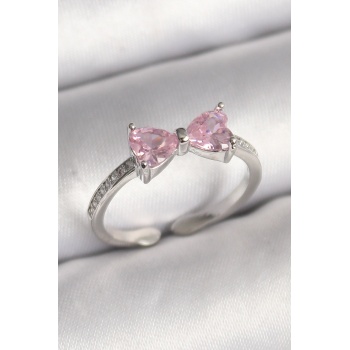 Pirinç Gümüş Renk Pembe Zirkon Taşlı Kalp Fiyonk Model Kadın Yüzük -