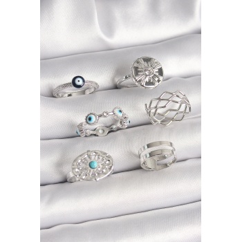 Pirinç Gümüş Renk Nazar Boncuk Zirkon Taş Detaylı Dalga Figür Kadın Yüzük Kombini -