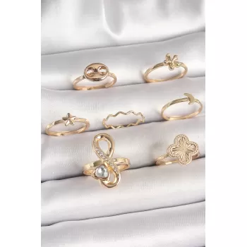 Pirinç Gold Renk Zirkon Taşlı Sonsuzluk Figür Yıldız Detay Kadın Yüzük Kombini