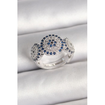 Pirinç Gümüş Renk Zirkon Taşlı Nazar Boncuk Model Ayarlanabilir Kadın Yüzük -