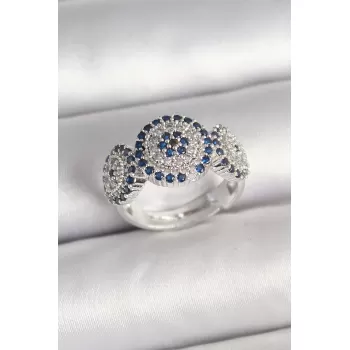 Pirinç Gümüş Renk Zirkon Taşlı Nazar Boncuk Model Ayarlanabilir Kadın Yüzük