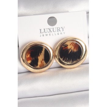 Pirinç Gold Renk Leopar Desen Daire Model Kadın Küpe -