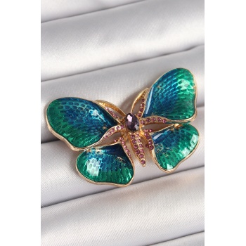 Pirinç Gold Renk Turquaz Model Zirkon Taş Detaylı Kelebek Model Kadın Broş -