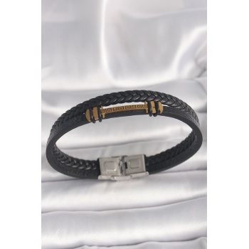 316L Çelik Gold Renk ZikZak İşlemeli Aksesuarlı Çift Sıra Burgu Desenli Deri Kordon Erkek Bileklik -