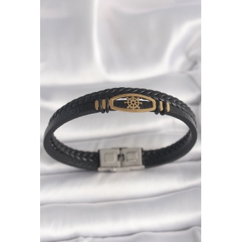 316L Çelik Gold Renk Gemi Dümen Figür Siyah Renk Çift Sıra Burgu Desenli Deri Kordon Erkek Bileklik -
